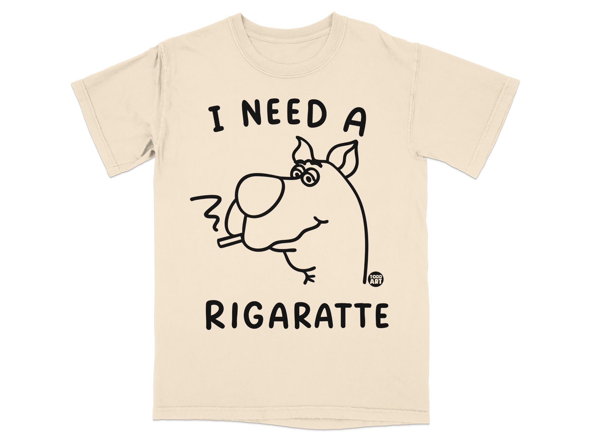 Scooby-Doo with "I need a cigarrette" text on a tan t-shirt.