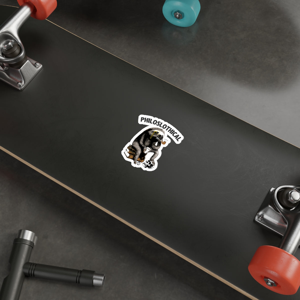 Philosophlothical Sloth on Books with Skull sticker