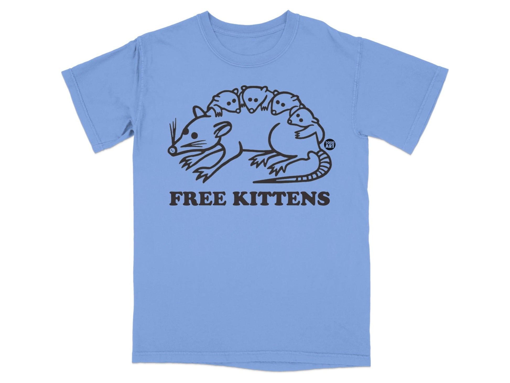 Light blue t-shirt with "FREE KITTENS" and a line drawing of a rat carrying kittens.