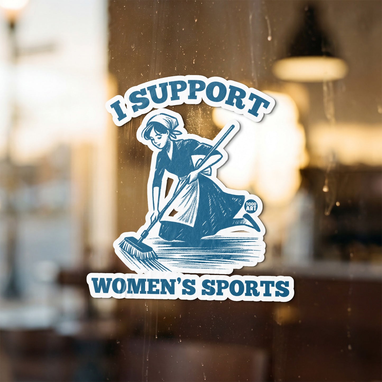 Sticker with blue graphic of a woman sweeping and text "I SUPPORT WOMEN'S SPORTS".