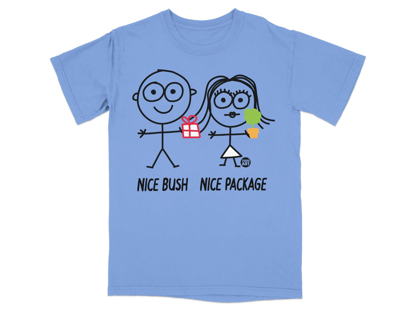 Cartoon of couple with gift and potted plant, "NICE BUSH NICE PACKAGE" text.