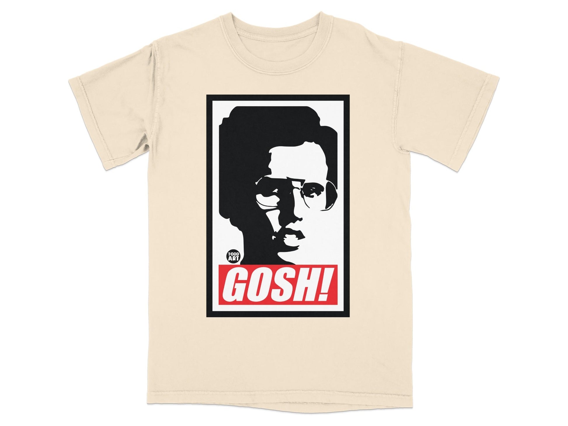 Cream t-shirt with a black and white portrait and "GOSH!" text.