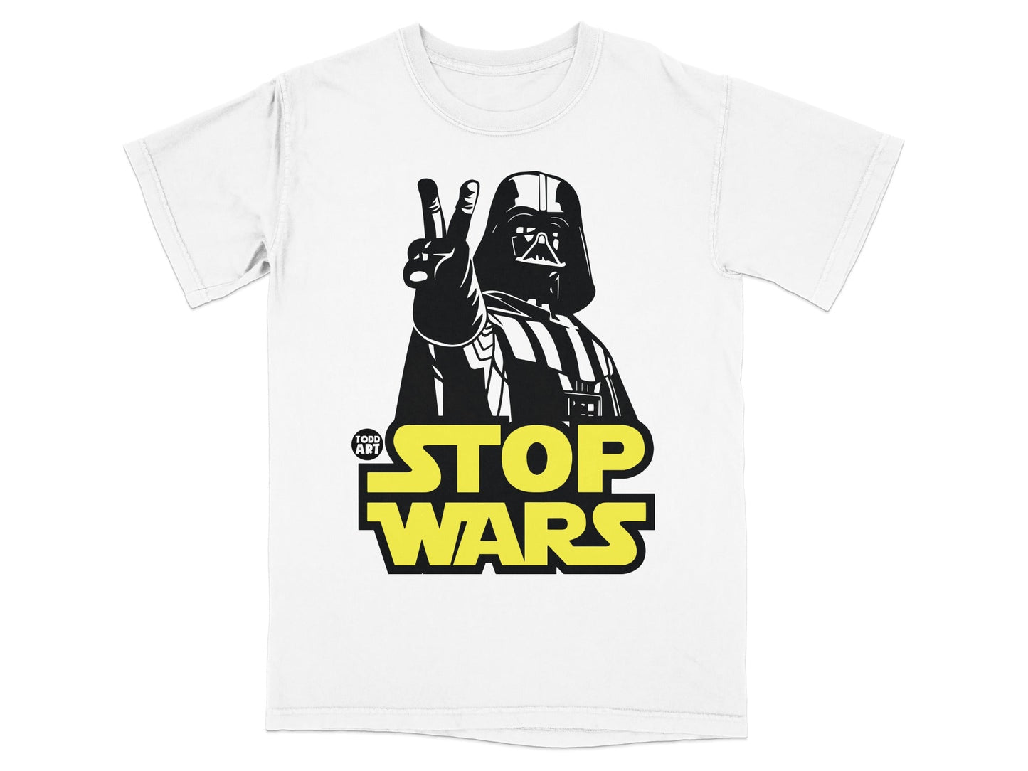 Darth Vader gives peace sign over "Stop Wars" text.
