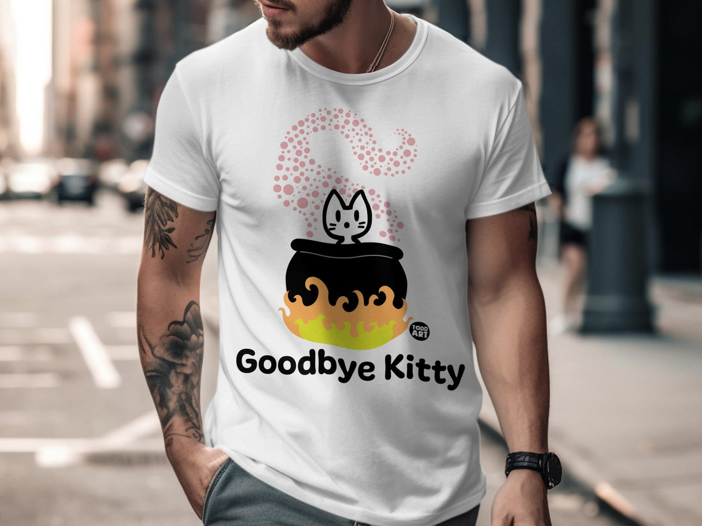 Funny Graphic Tee with Goodbye Kitty Cauldron Design