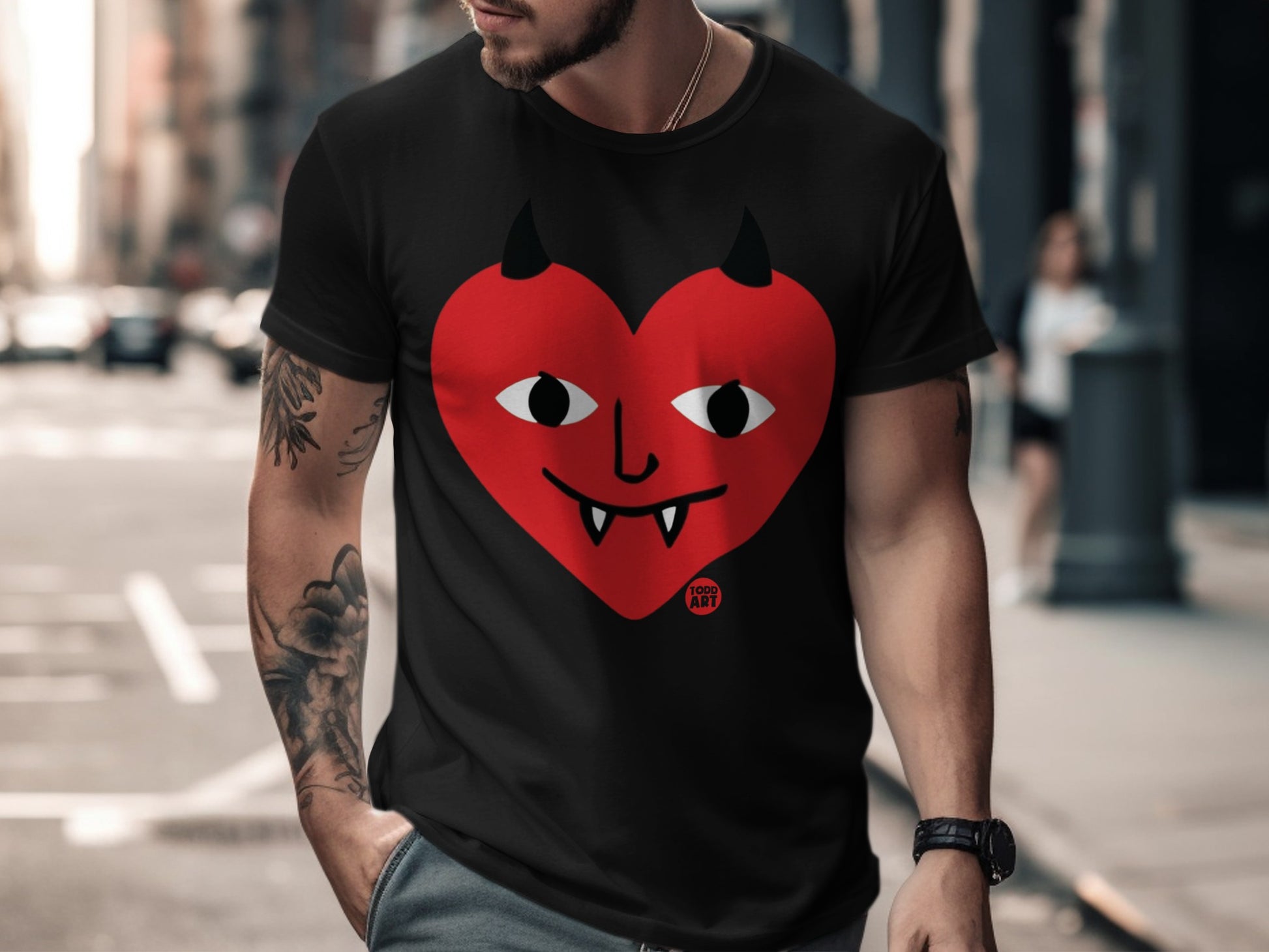 Red Heart with Horns and Fangs Graphic T-shirt