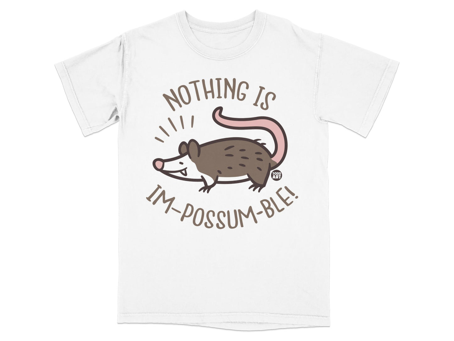 T-shirt with cartoon possum and text "Nothing is Im-possum-ble!"