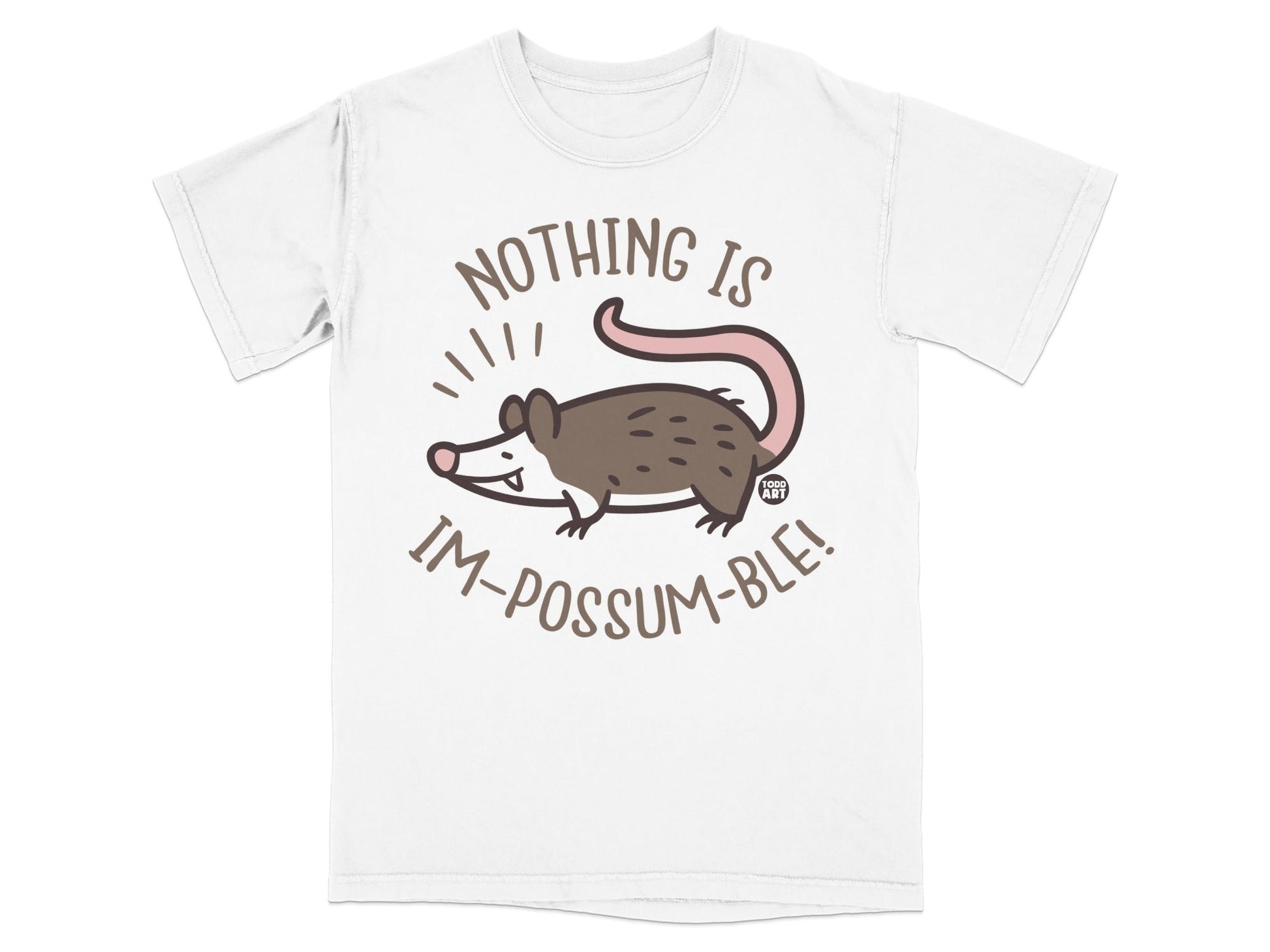 T-shirt with cartoon possum and text "Nothing is Im-possum-ble!"