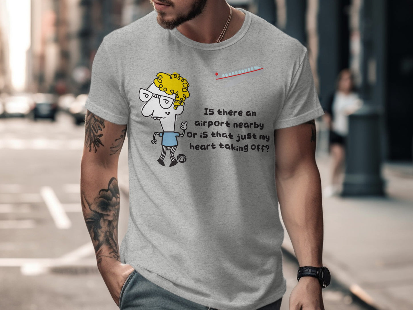 Funny Graphic Tee with Unique Airport Taking Off Design