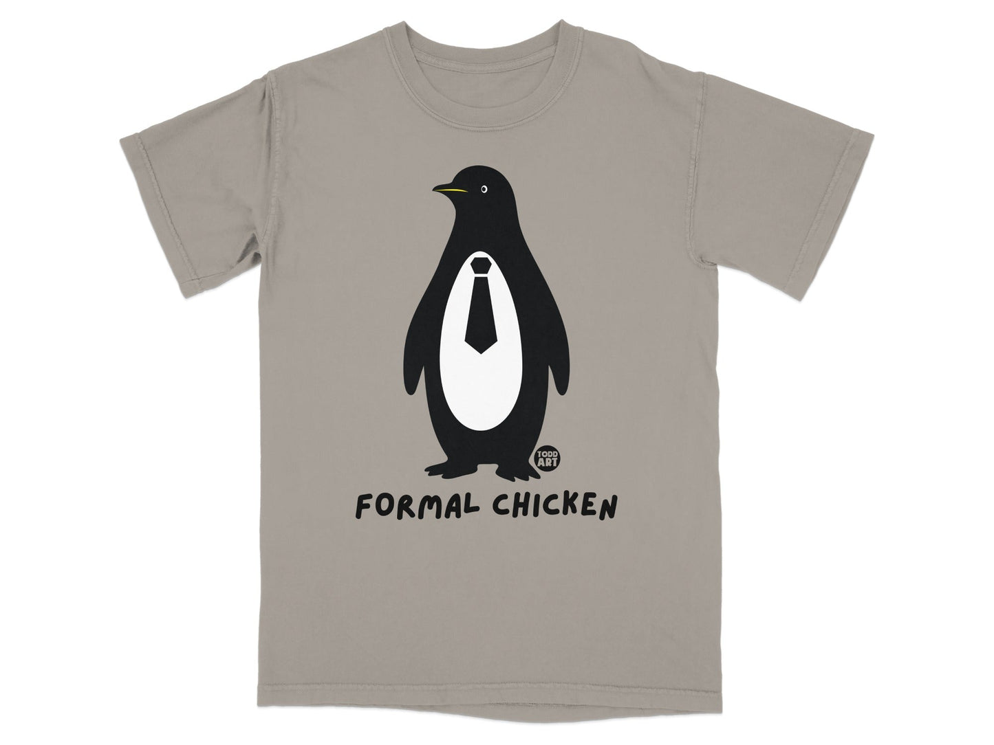 T-shirt with black penguin wearing a tie, text "FORMAL CHICKEN".