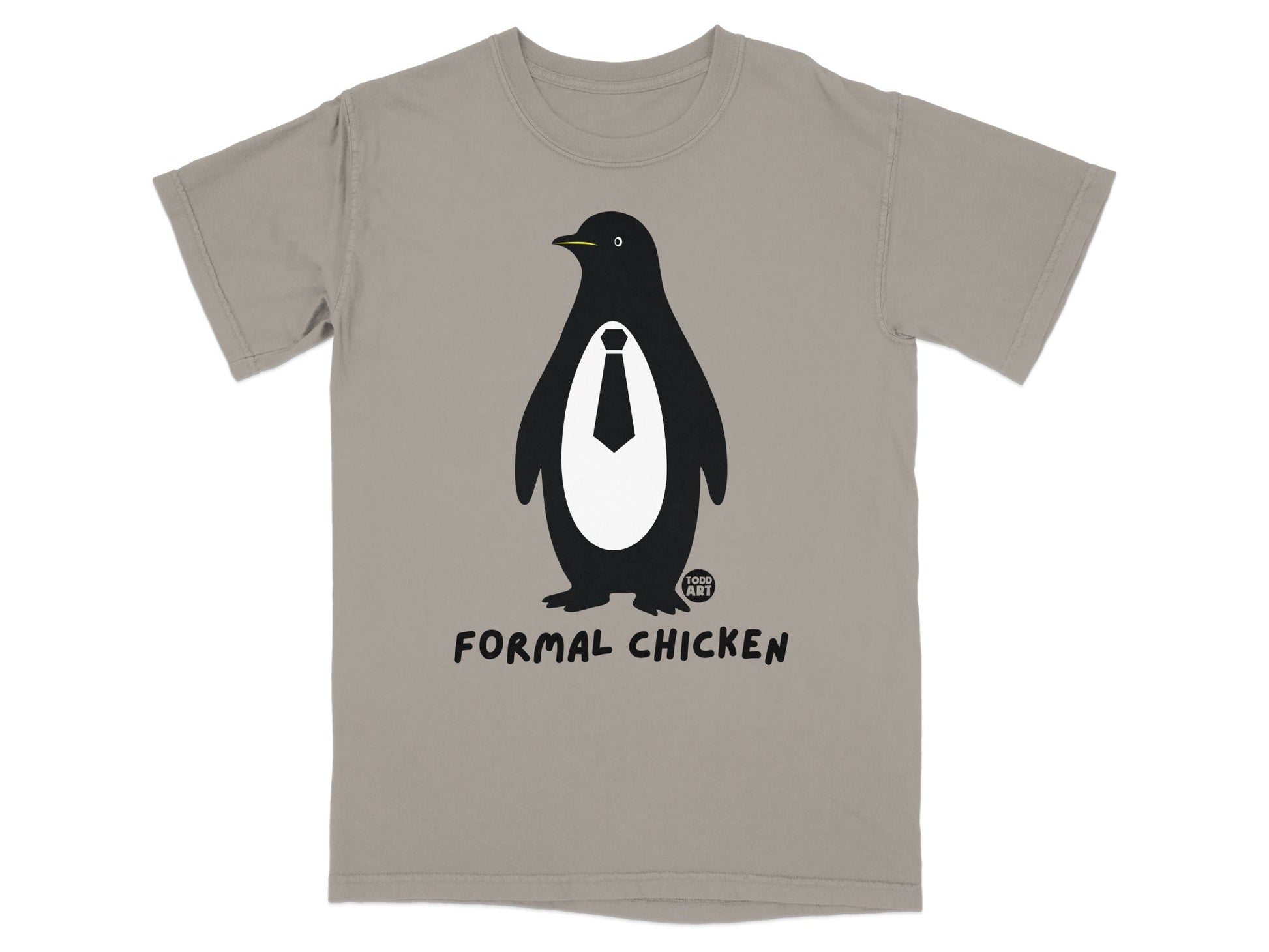 T-shirt with black penguin wearing a tie, text "FORMAL CHICKEN".