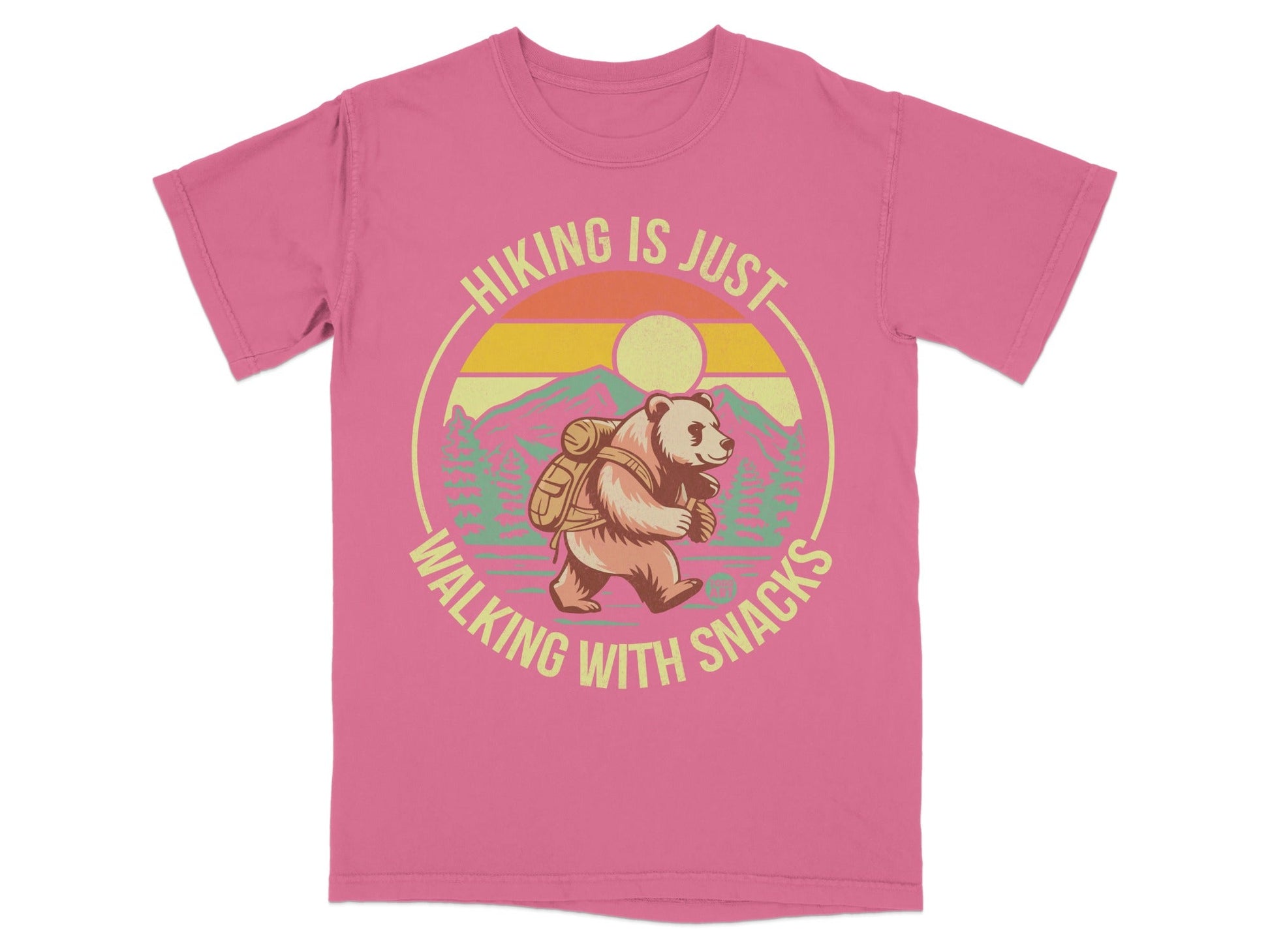 Bear hiking with backpack, text "Hiking is just walking with snacks".