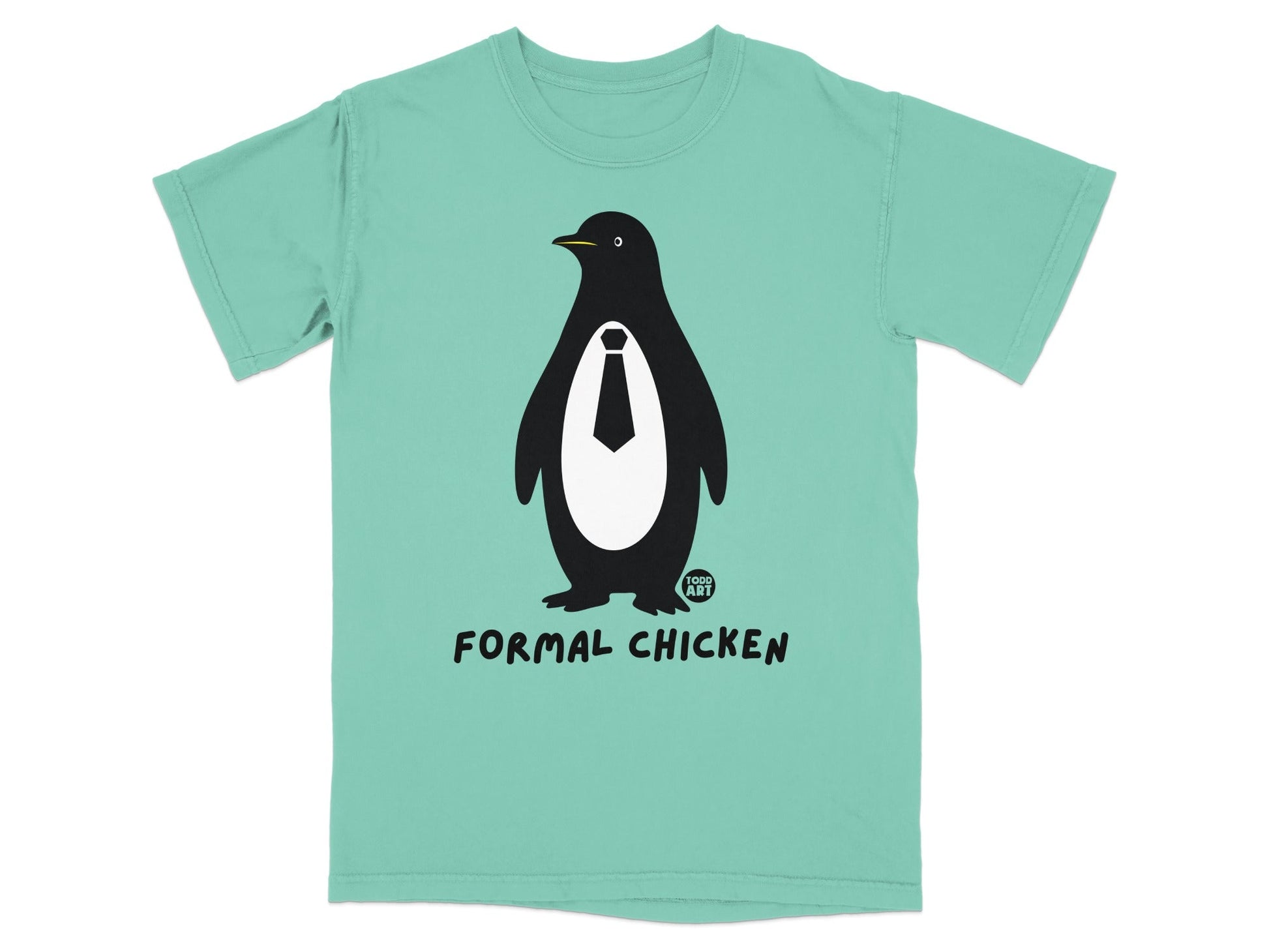 Teal t-shirt with a black and white penguin wearing a tie, text "FORMAL CHICKEN".