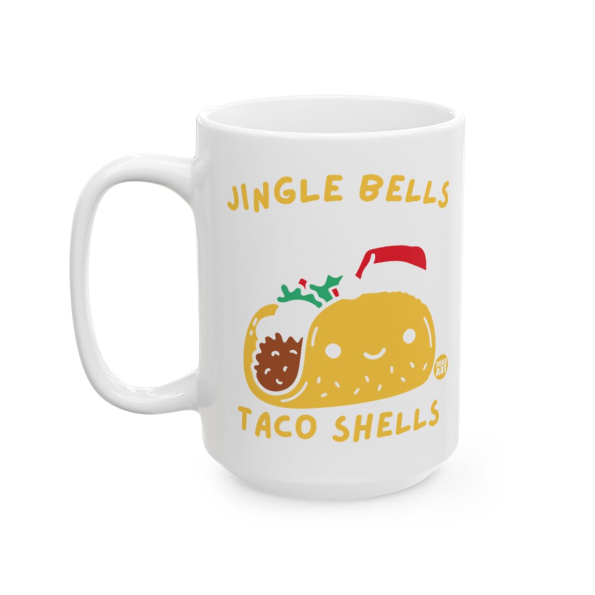 White mug with Jingle Bells Taco Shells text and a smiling taco illustration.