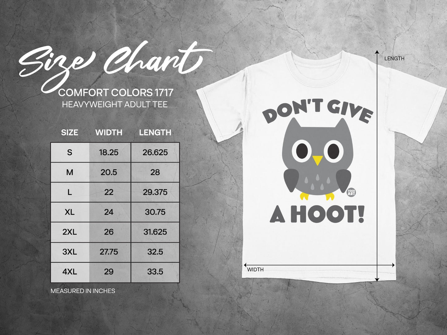 Size chart for Comfort Colors 1717 heavyweight adult tee with owl graphic.