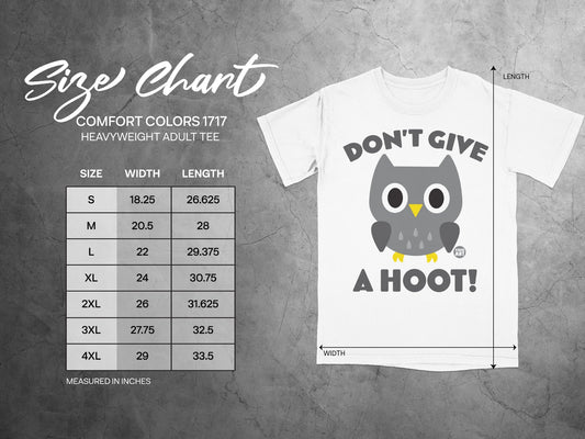 Size chart for Comfort Colors 1717 heavyweight adult tee with owl graphic.