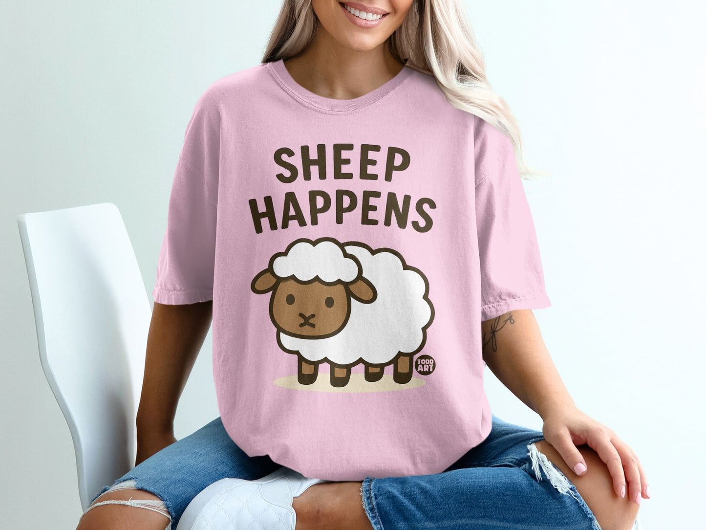Cute Sheep Happens Funny Graphic Tee Shirt Design