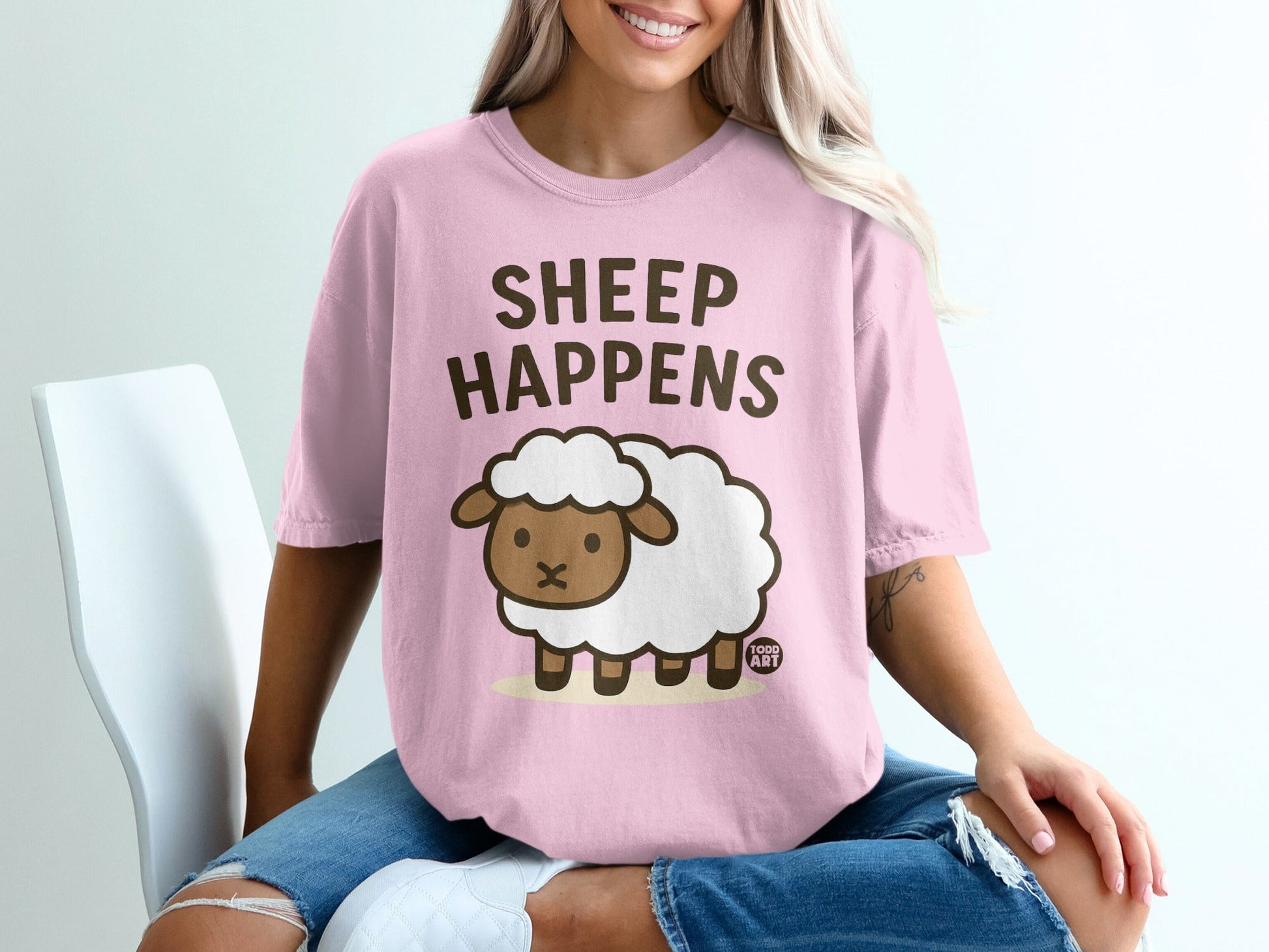 Cute Sheep Happens Funny Graphic Tee Shirt Design
