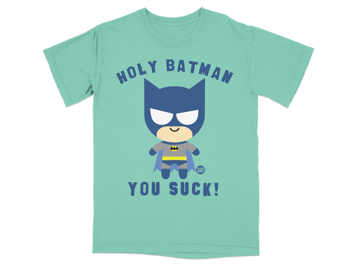 Chibi Batman graphic tee with text "HOLY BATMAN YOU SUCK!".