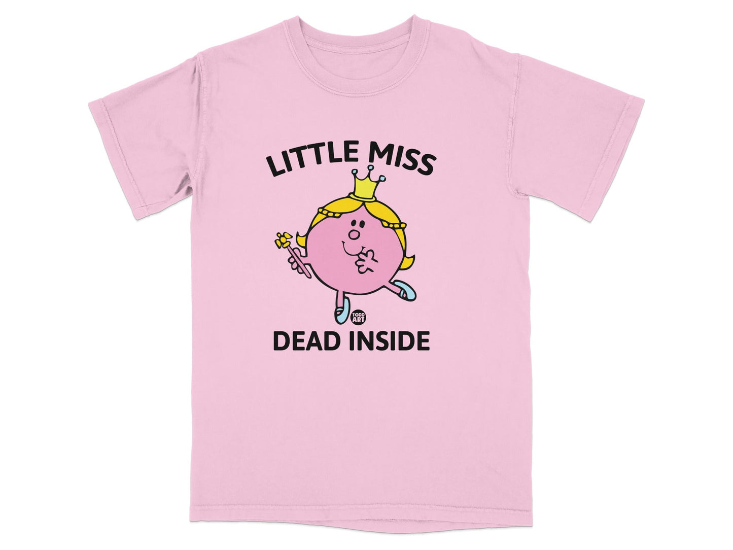 Pink t-shirt with "Little Miss Dead Inside" text and a cartoon character.