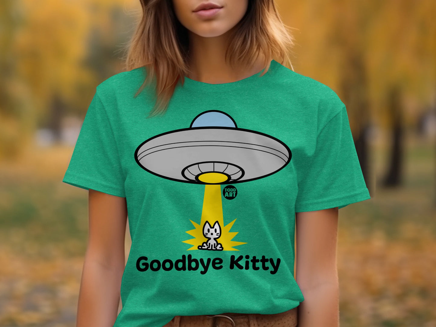 Goodbye Kitty UFO Graphic Green T-Shirt for Casual Wear