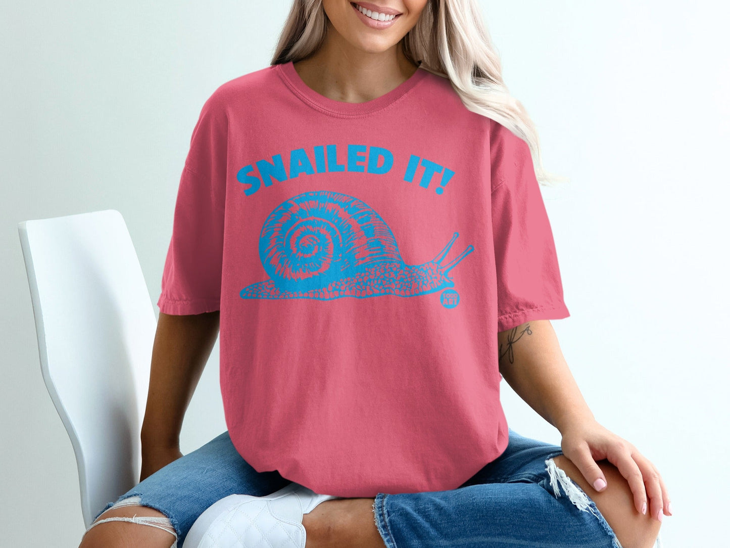 Snailed It Pink Graphic Tee with Blue Snail Image