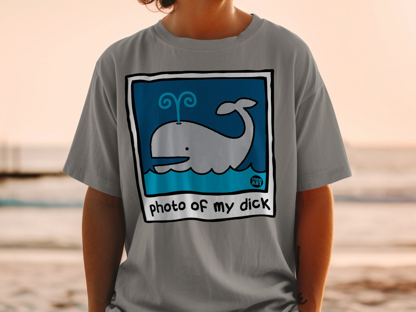 Gray t-shirt with blue whale design and text "photo of my dick".
