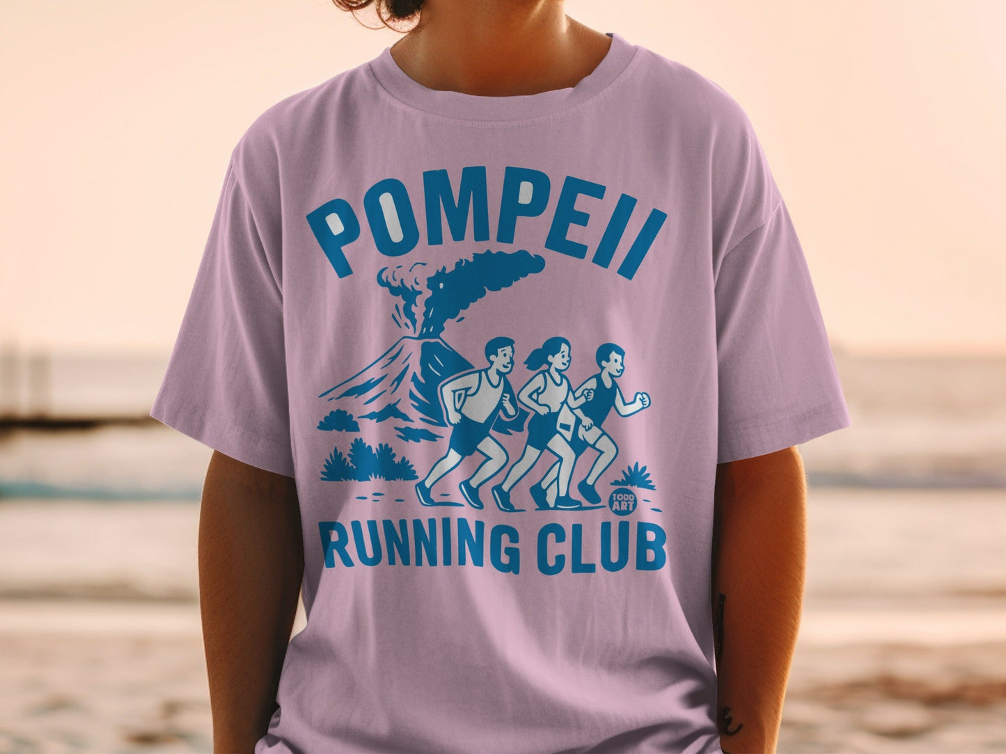 Pompeii Running Club t-shirt with a volcano and runners graphic.