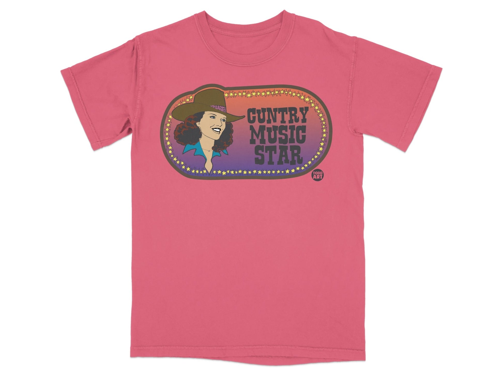 Guntry Music Star graphic on a faded pink t-shirt.