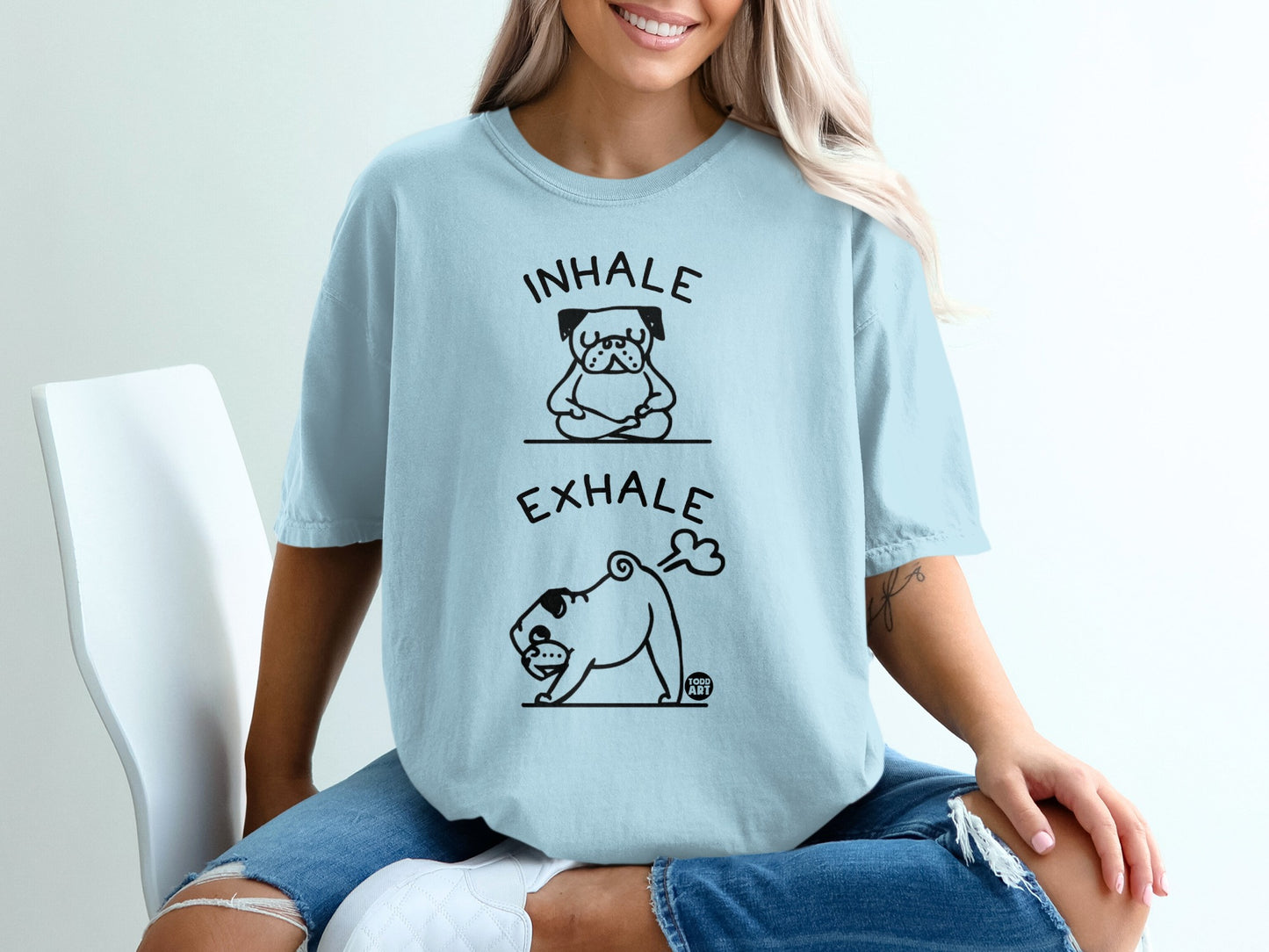 Inhale Exhale Pug Graphic Tee Fun Relaxed Fit Shirt