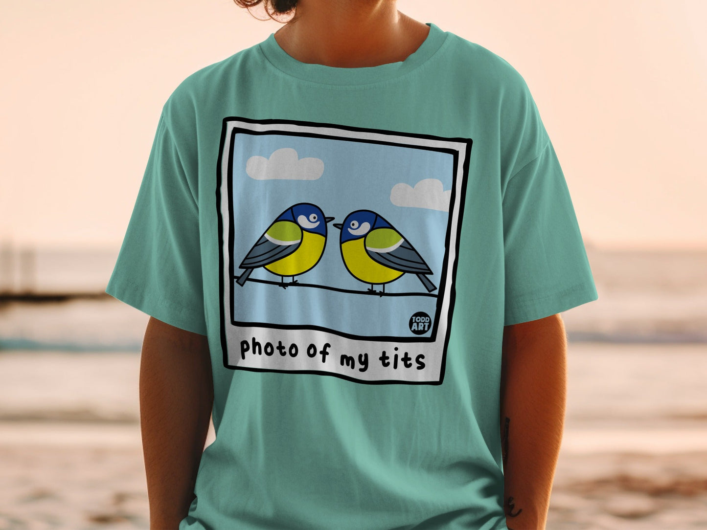 Teal t-shirt featuring illustration of two blue tits on a wire.