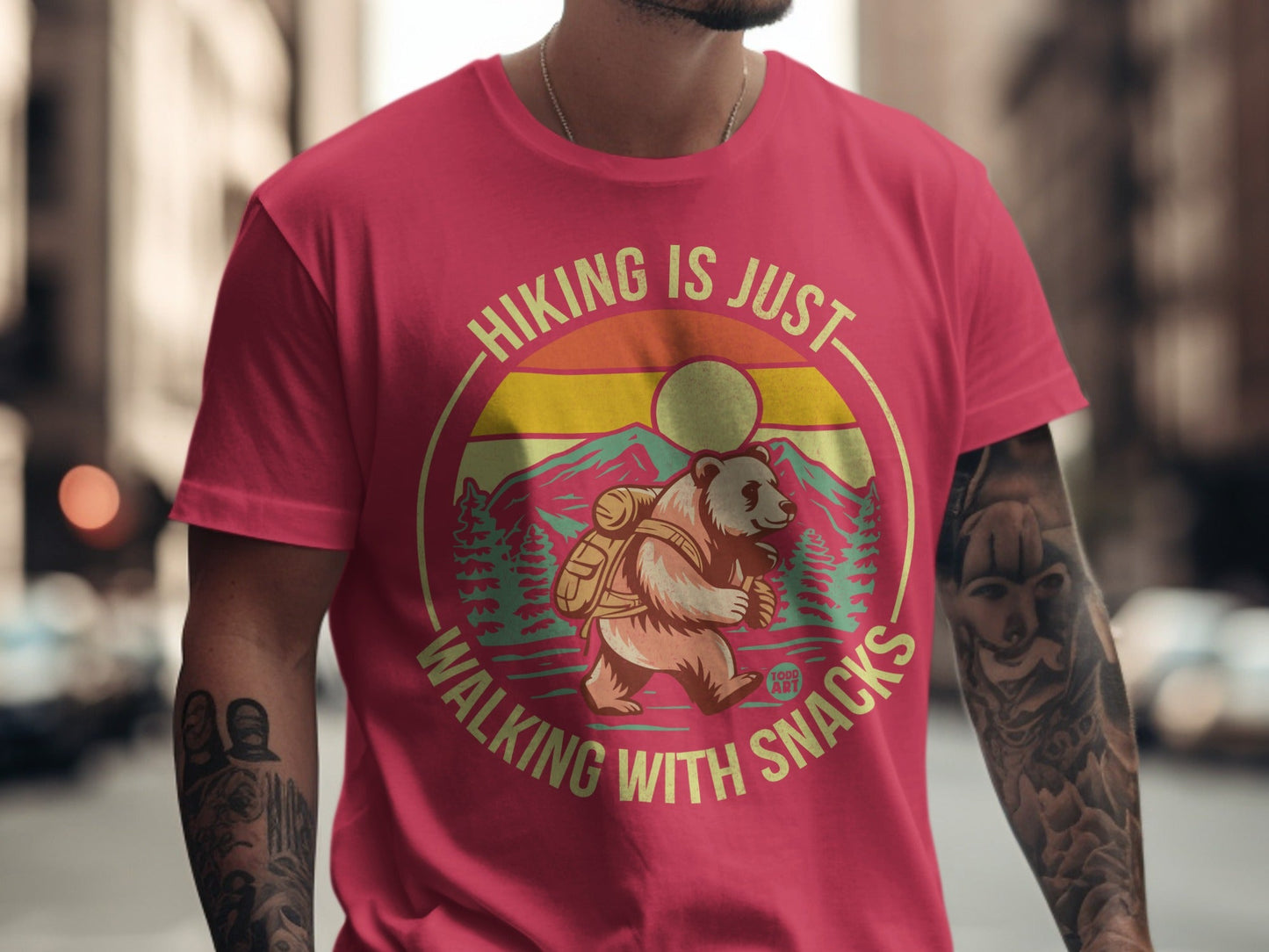 T-shirt with bear hiking, text "Hiking is just walking with snacks".