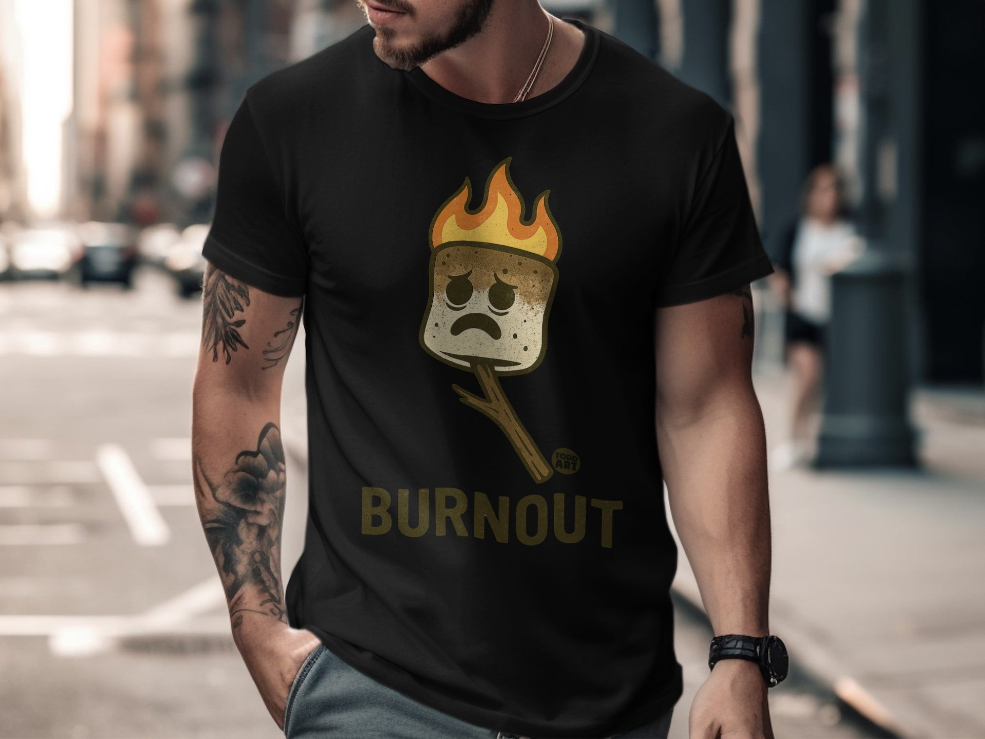 Burnout Sad Flaming Marshmallow Graphic T-Shirt