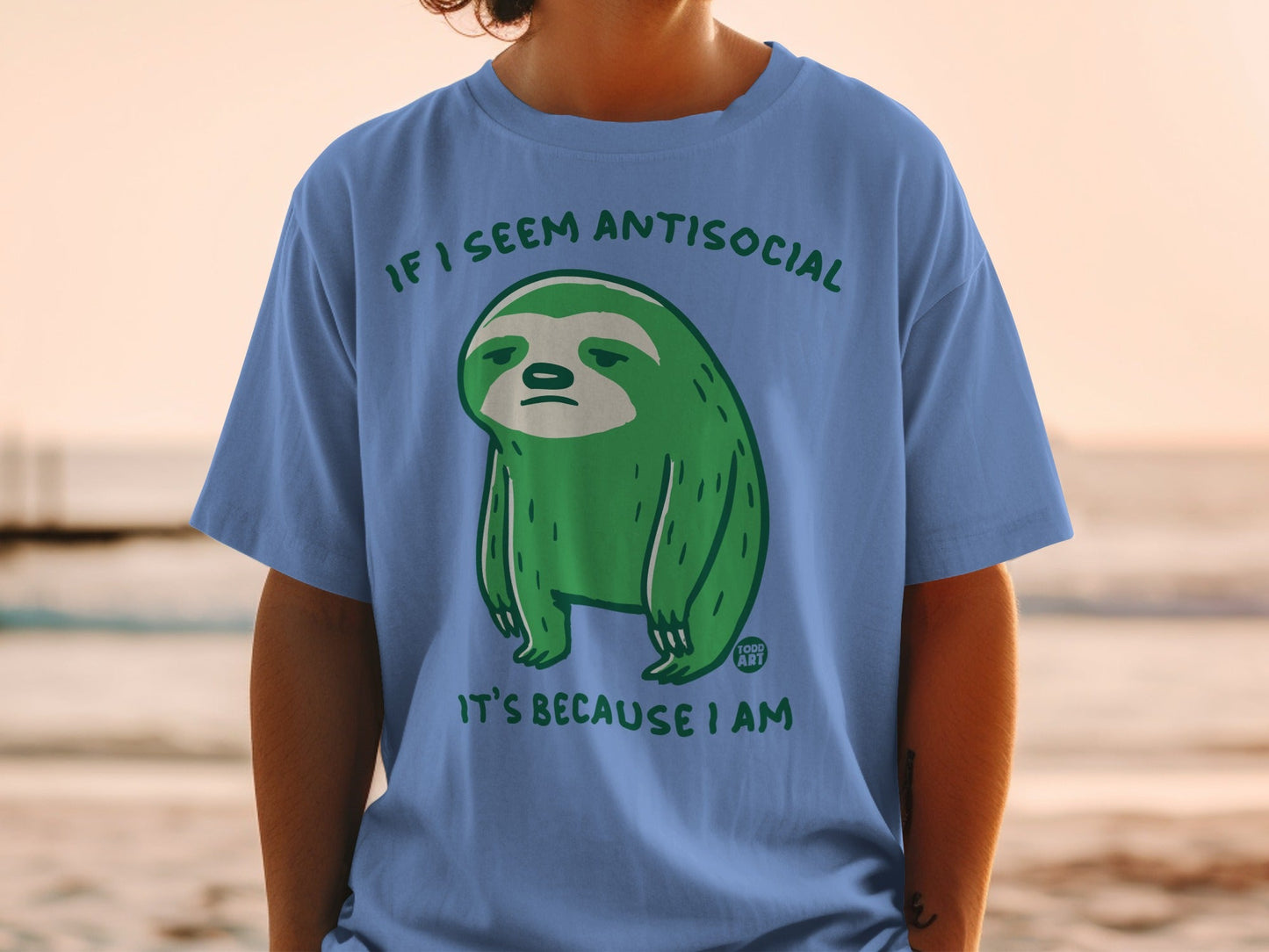 Green sloth graphic t-shirt with text "If I seem antisocial it's because I am."