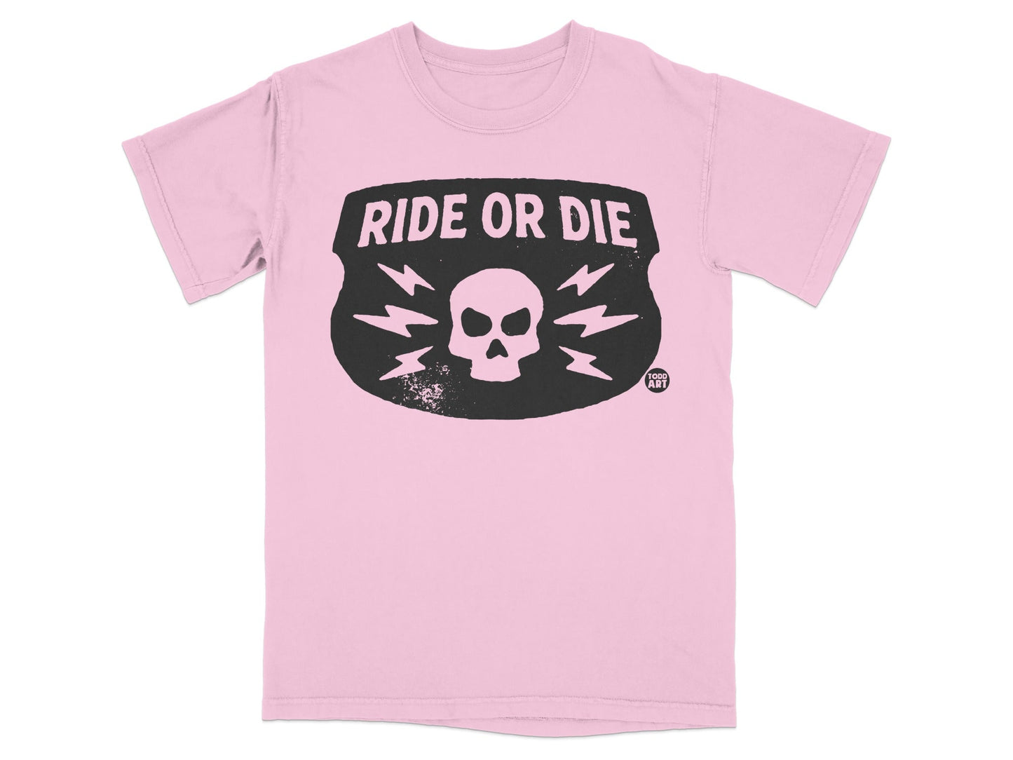 Pink t-shirt with "RIDE OR DIE" text and lightning bolt skull logo.