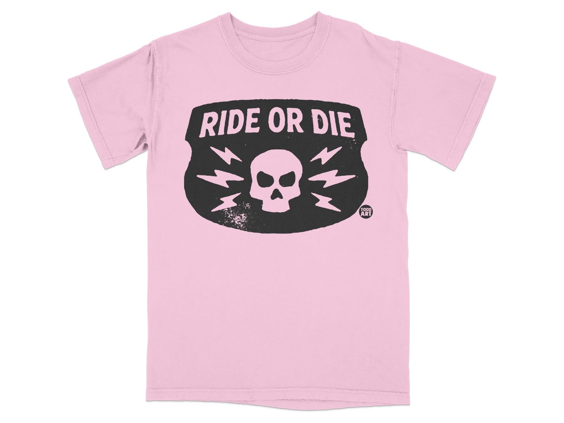 Pink t-shirt with "RIDE OR DIE" text and lightning bolt skull logo.