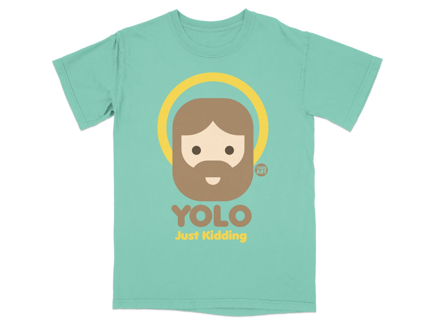 Teal t-shirt with a cartoon haloed figure and "YOLO Just Kidding" text.