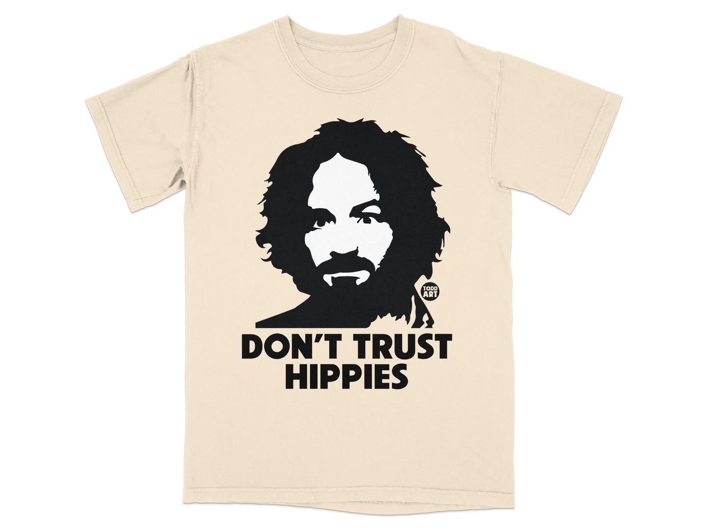Black graphic on cream t-shirt: "DON'T TRUST HIPPIES" with a man's silhouette.
