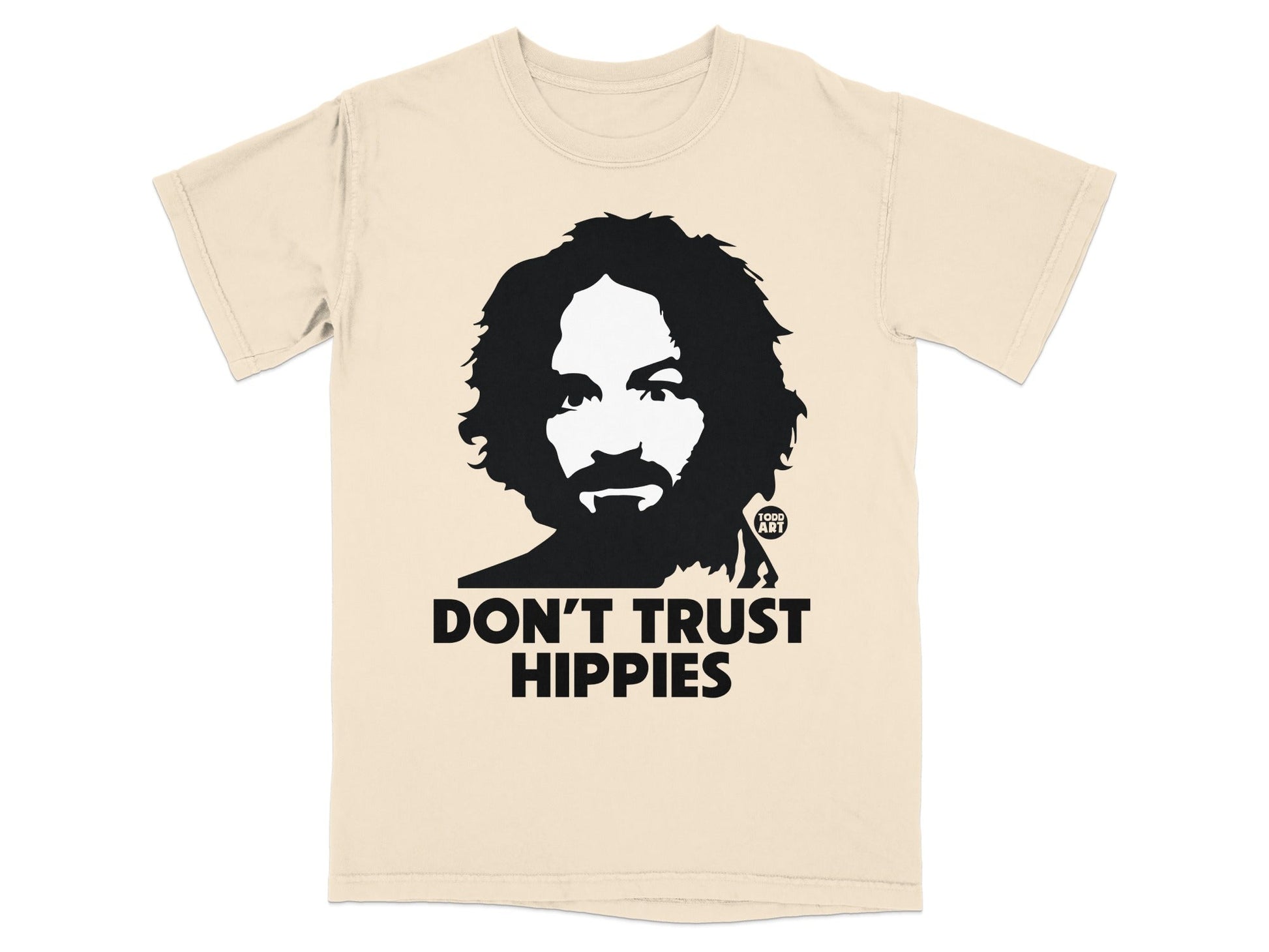 Black graphic on cream t-shirt: "DON'T TRUST HIPPIES" with a man's silhouette.
