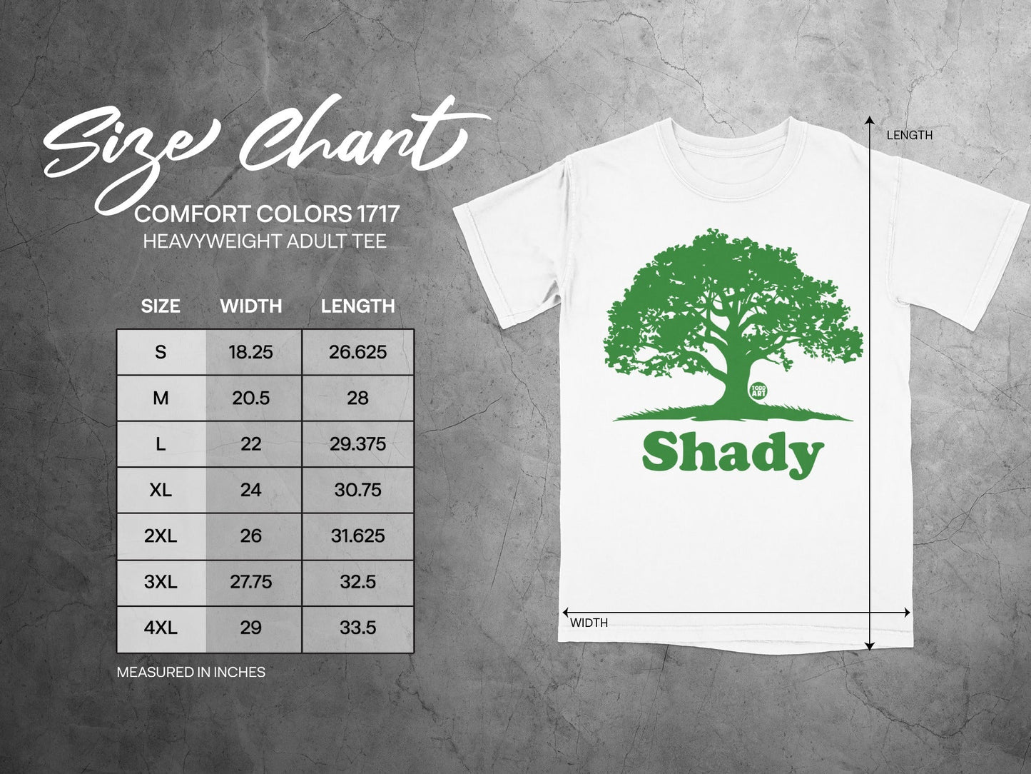 Comfort Colors 1717 heavyweight adult tee size chart with measurements in inches.