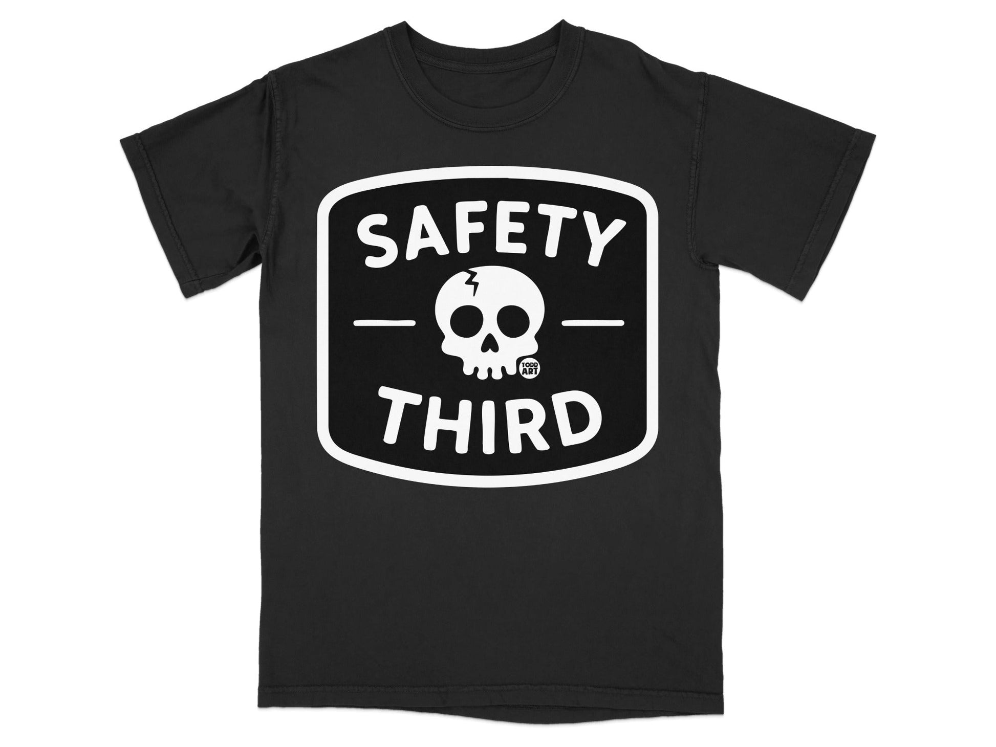Black t-shirt with white "SAFETY THIRD" skull logo and small circular logo.