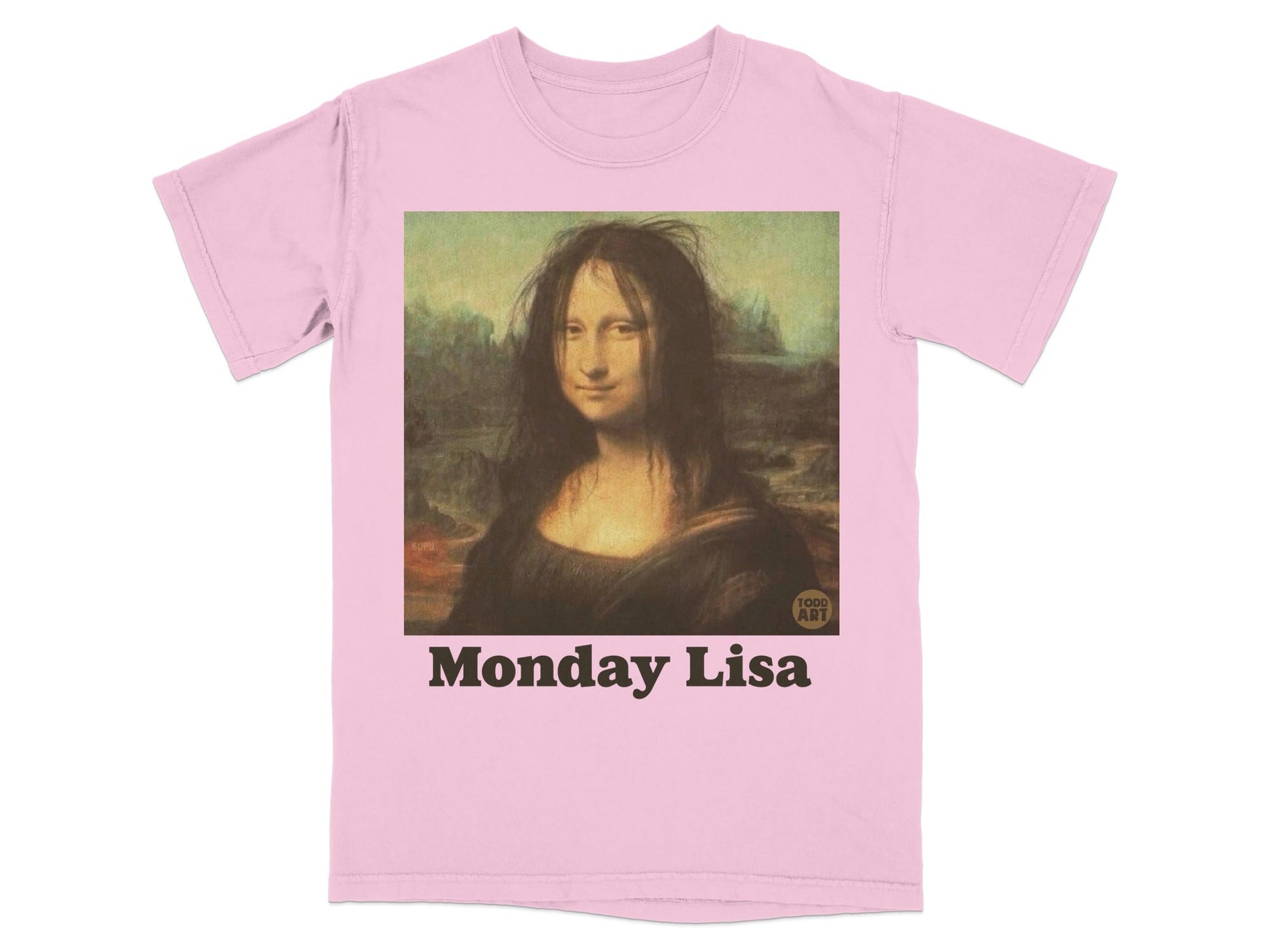 Pink t-shirt with "Monday Lisa" text and Mona Lisa painting.