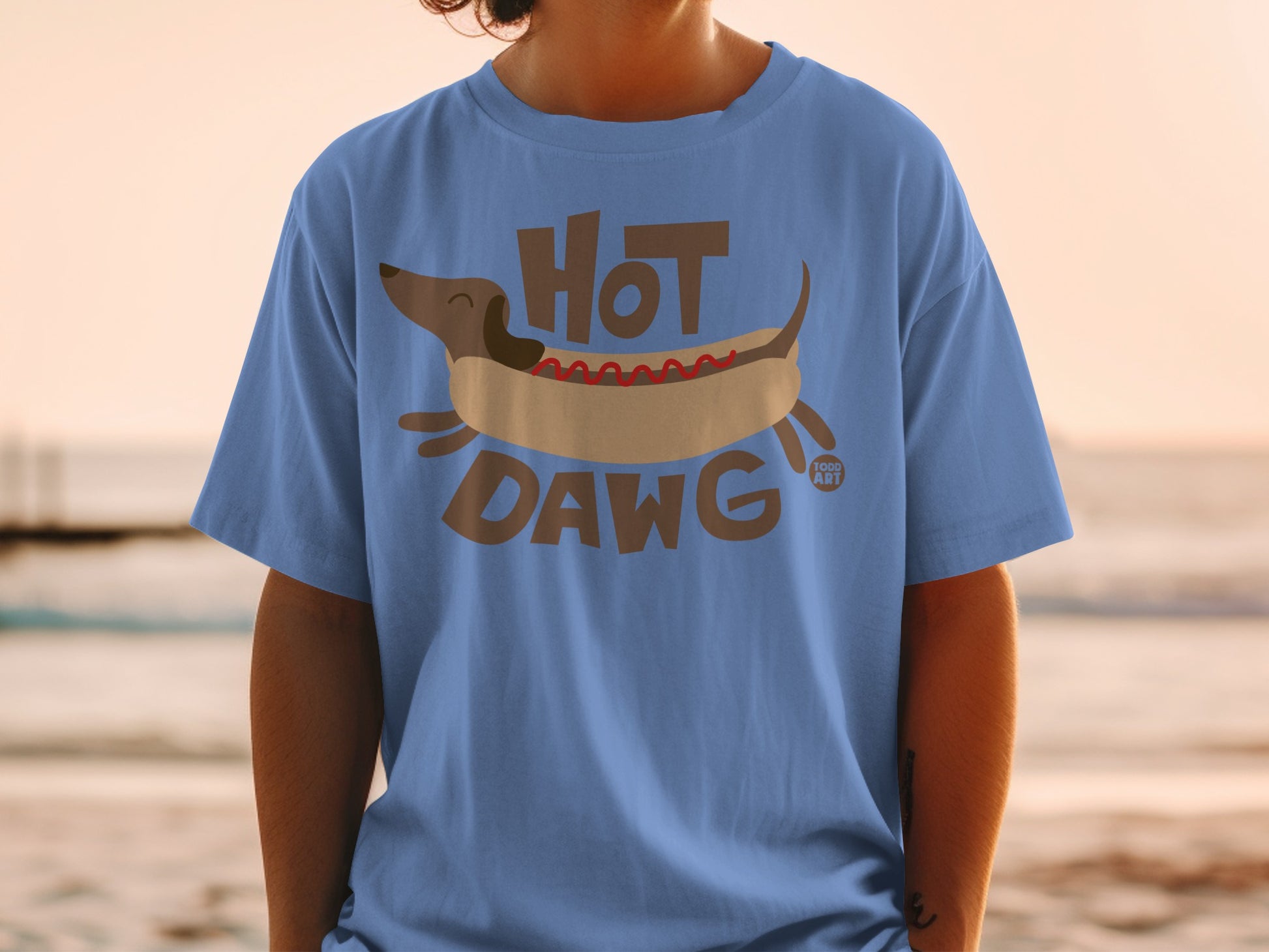 Hot Dawg Funny Cartoon Dachshund Graphic T-Shirt