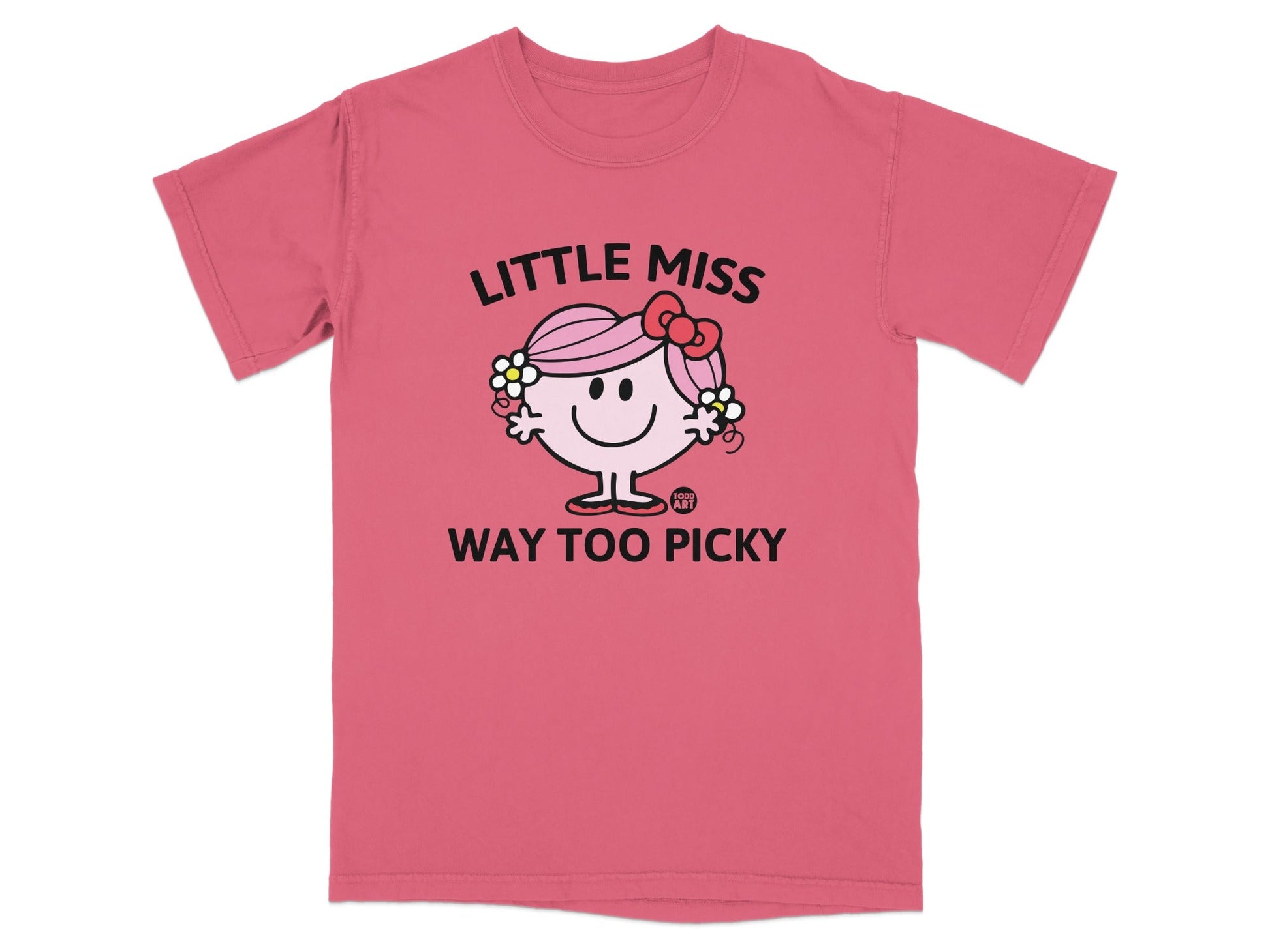 Pink t-shirt with "Little Miss Way Too Picky" text and cartoon girl graphic.