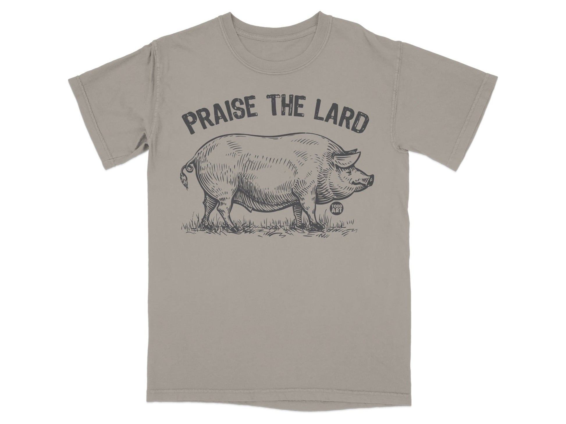T-shirt with "Praise the Lard" text above a detailed pig illustration.
