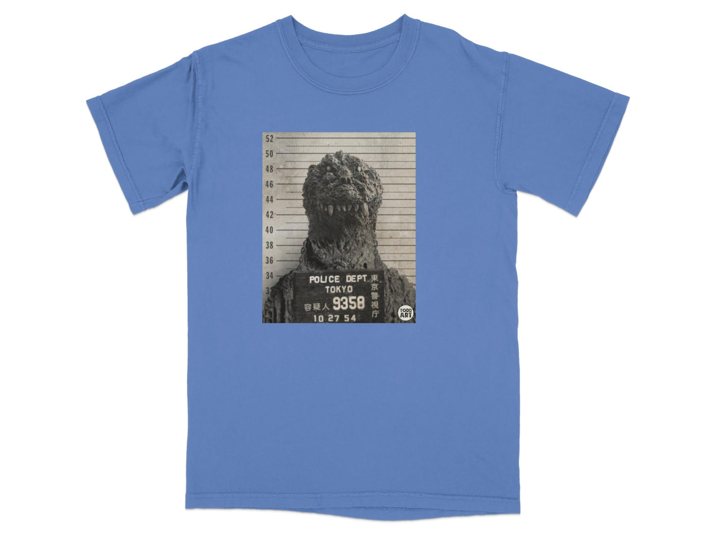 Godzilla mugshot with Tokyo police department text.