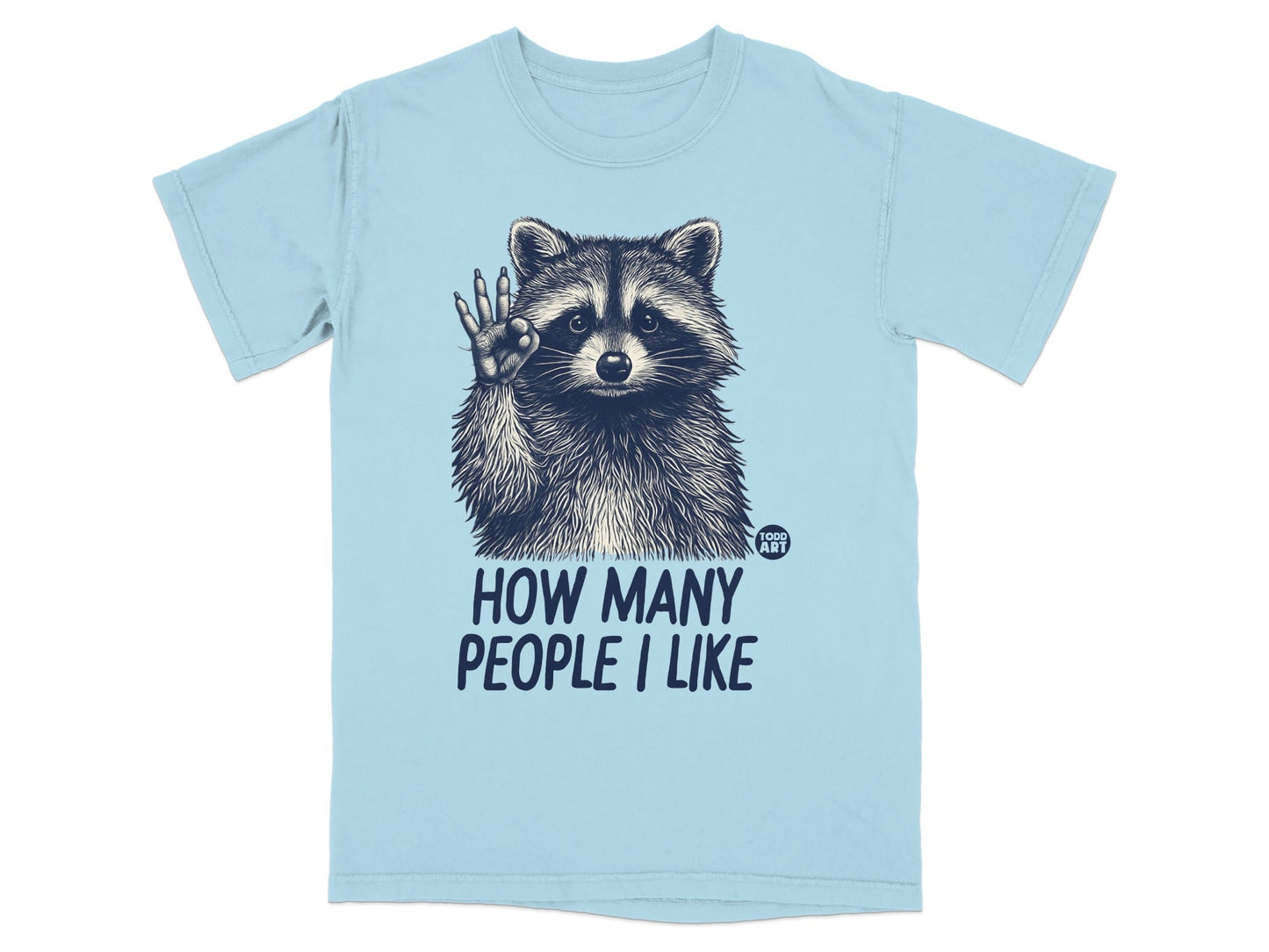 Light blue t-shirt with a raccoon graphic and text "HOW MANY PEOPLE I LIKE".