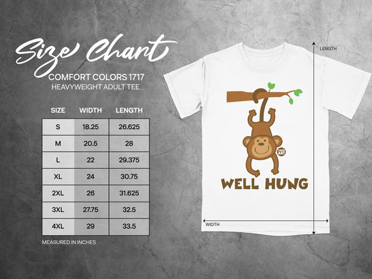 Comfort Colors 1717 heavyweight adult tee size chart with measurements.