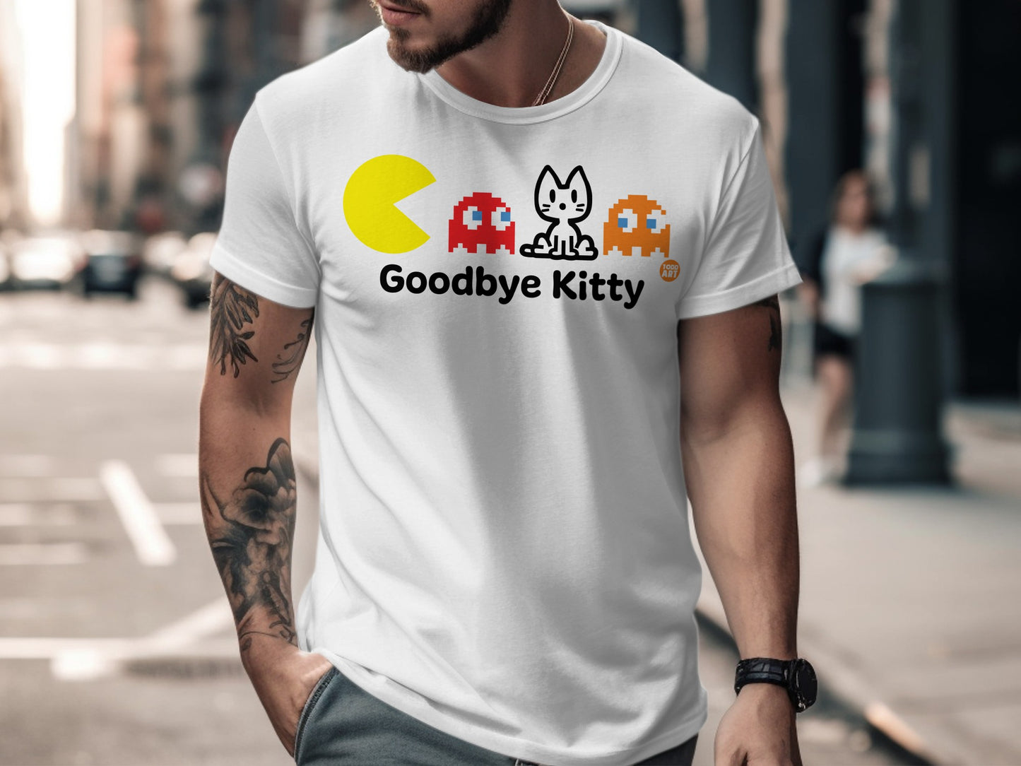 Goodbye Kitty Pacman-Inspired Graphic Design T-Shirt