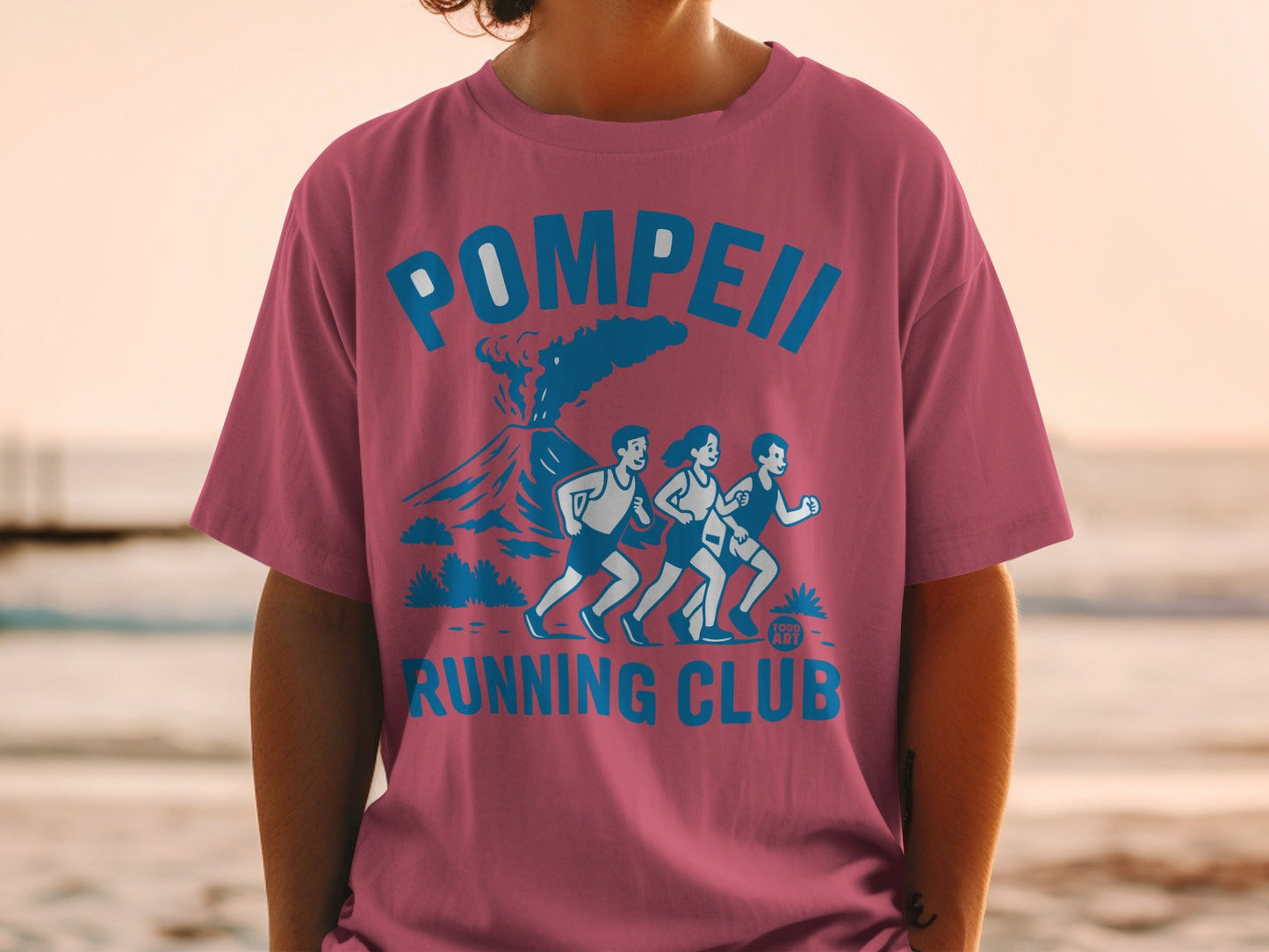T-shirt with Pompeii Running Club logo and volcano graphic.