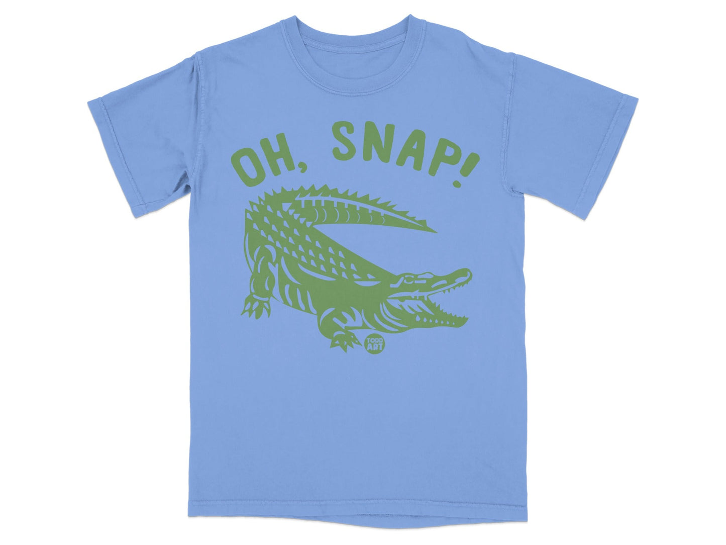 Light blue t-shirt with green alligator graphic and "OH, SNAP!" text.